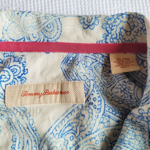 TOMMY BAHAMA Off-White Blue Button Up Size XL Paisley Print Embossed Silk - Picture 10 of 12